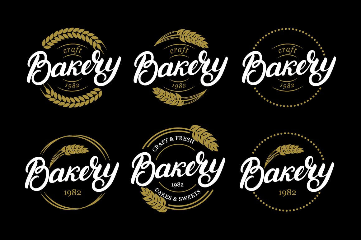 Logo with the inscription of the bakery and a pattern of a spikelet in white and gold colors on a black background.