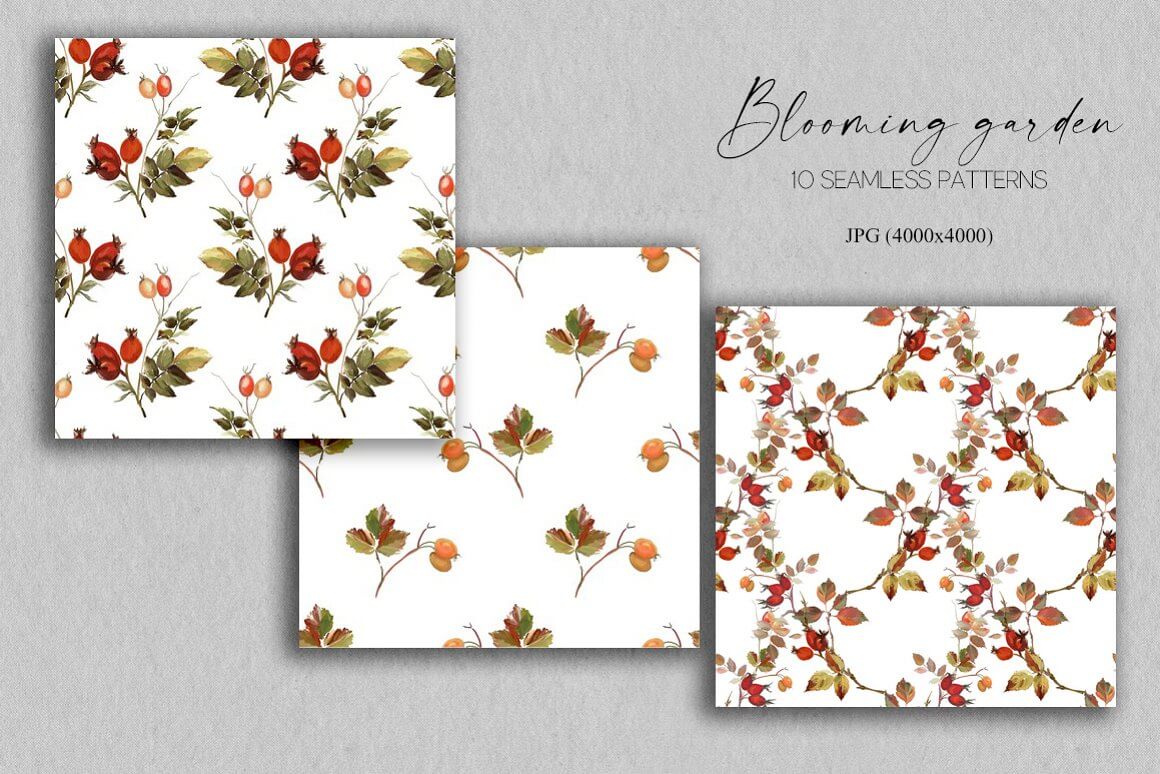Seamless pattern with blooming gardens in three paintings.