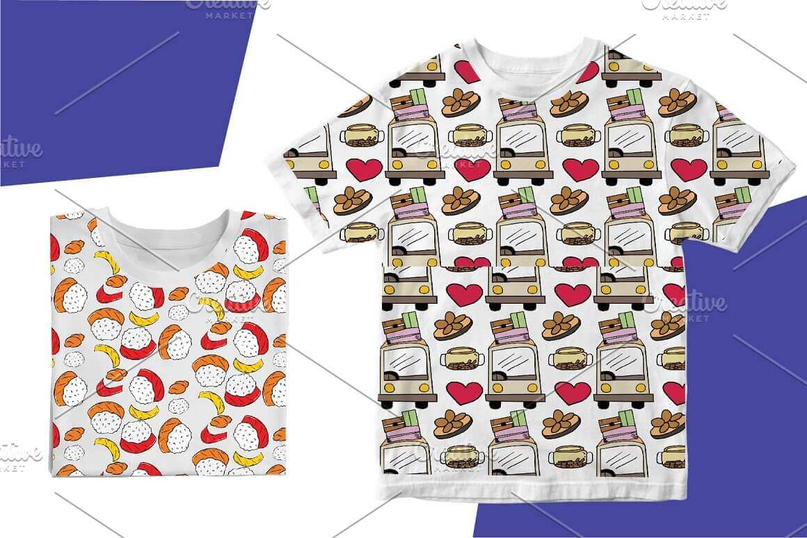 Two t-shirts with sushi food pattern.