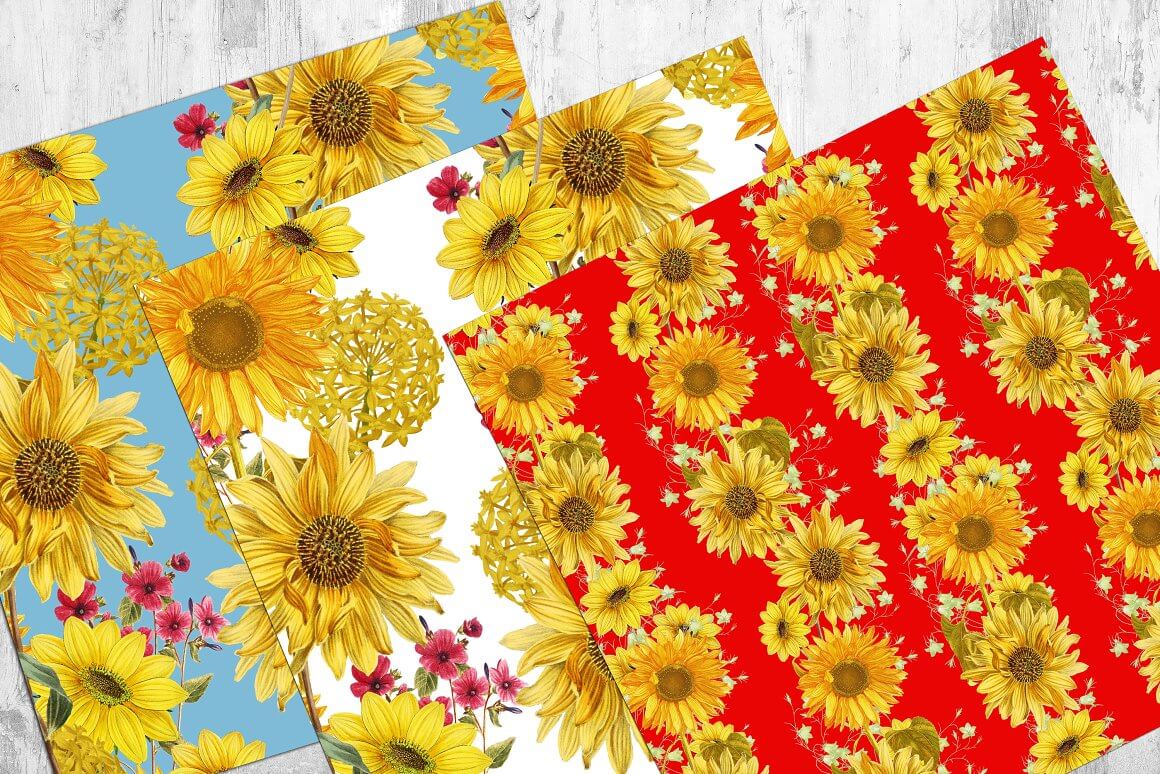 Three samples with blue, white, red background with yellow flowers of different sizes.