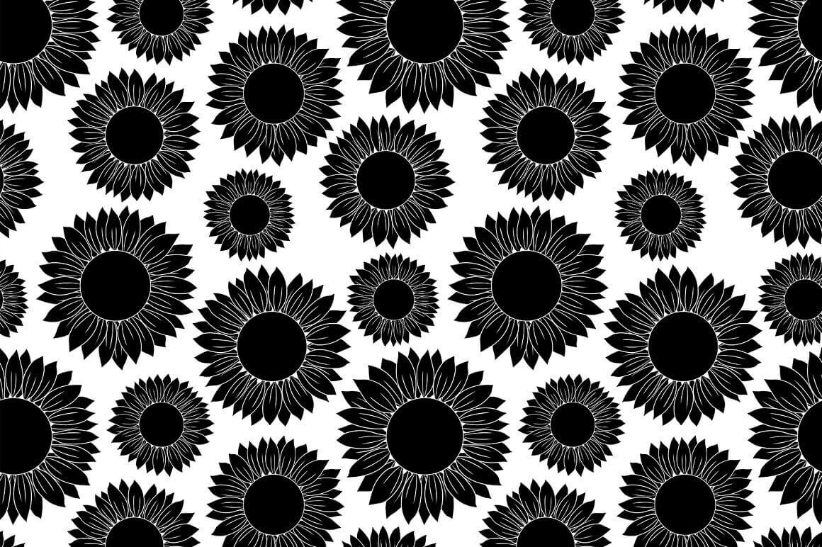 Seamless pattern with black sunflowers on a white background.