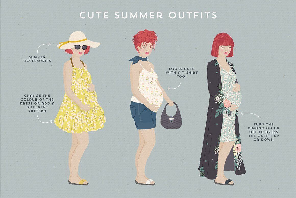 Cute summer outfits: summer accessories, dresses and T-shirts.