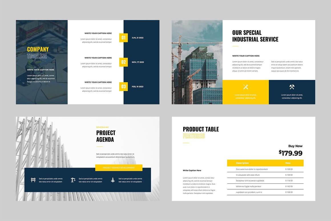 Four construction Powerpoint slides: Company timeline, Our special industrial service, Project agenda, Product table featured.