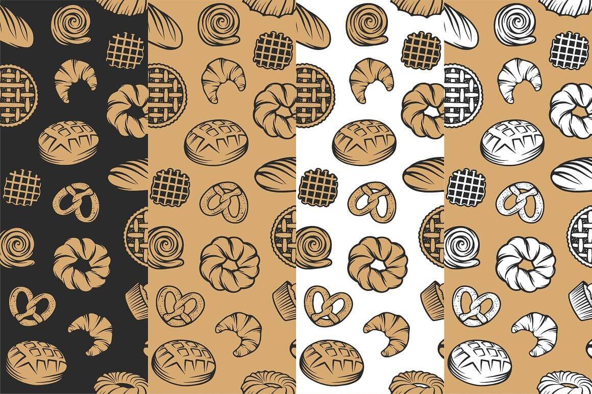 Four vertical stripes with bakery elements on black, yellow, white, mustard backgrounds.