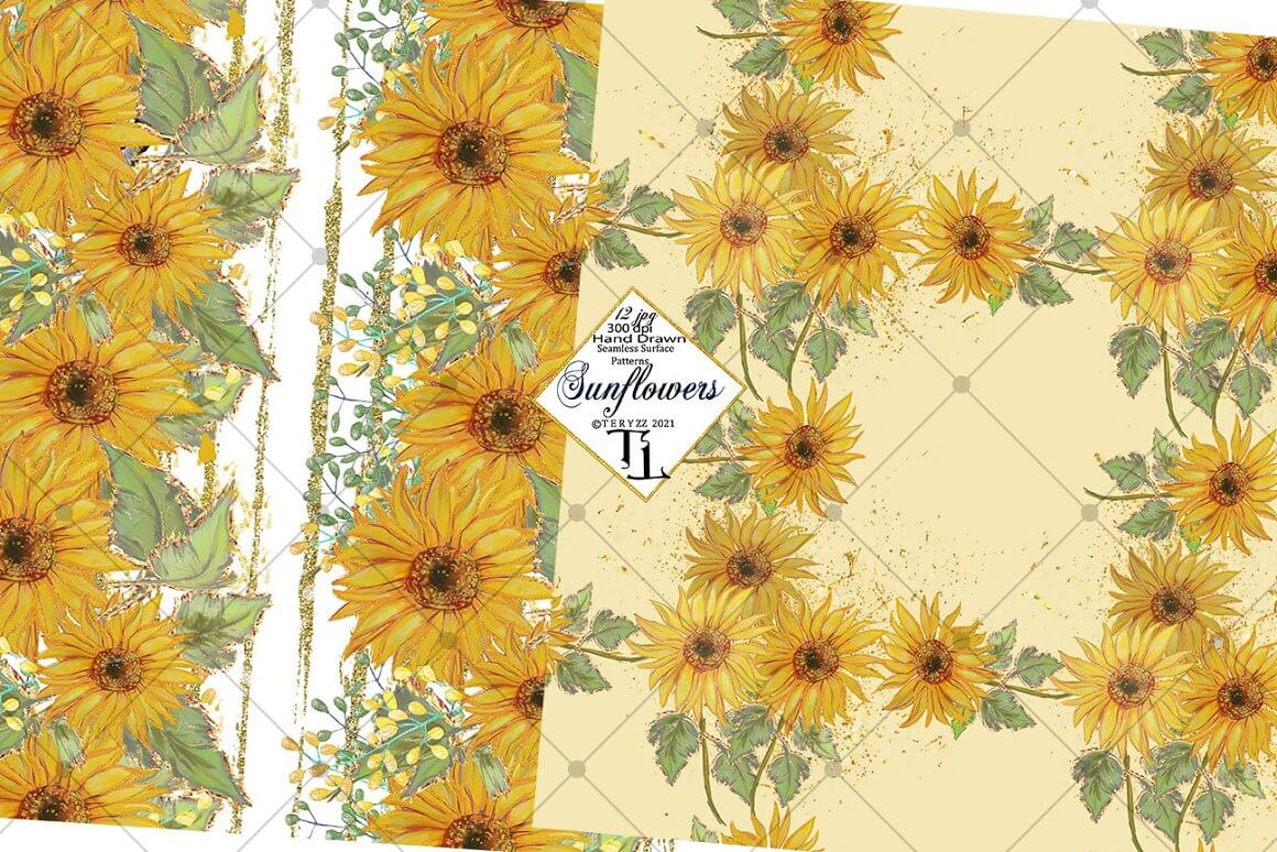 Two seamless patterns with sunflowers on beige tones.