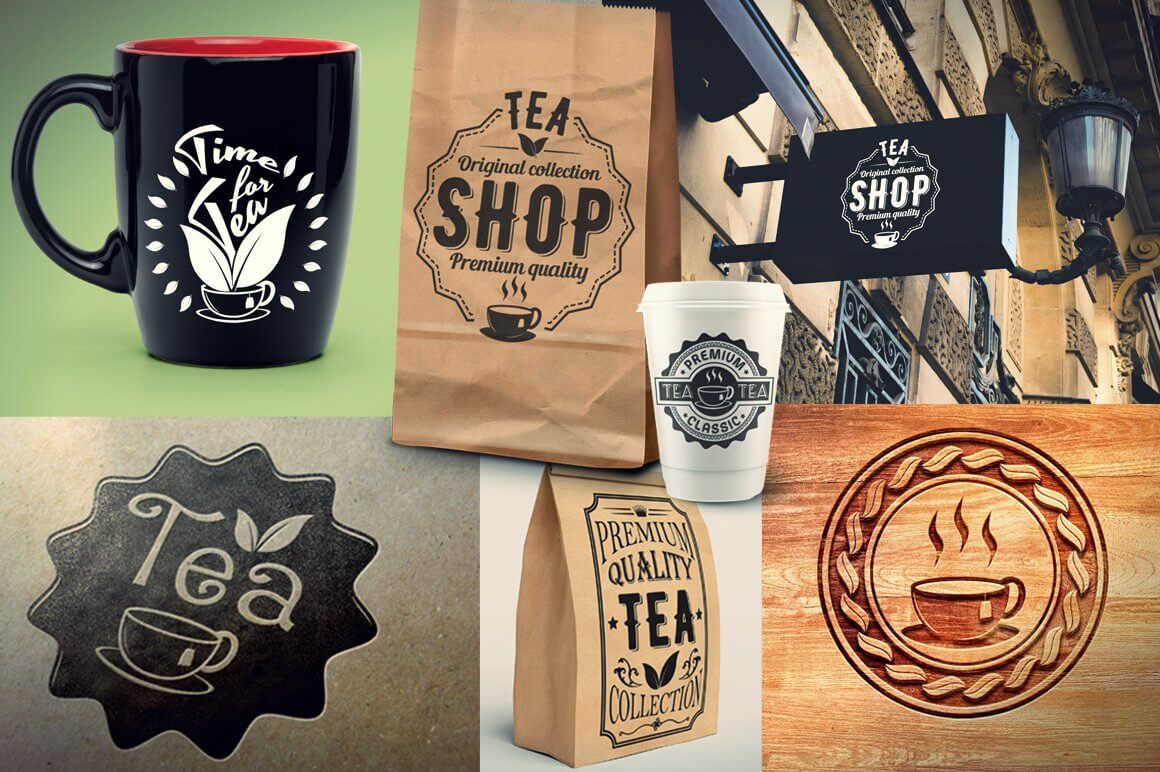 Seven tea and coffee logos on various items.