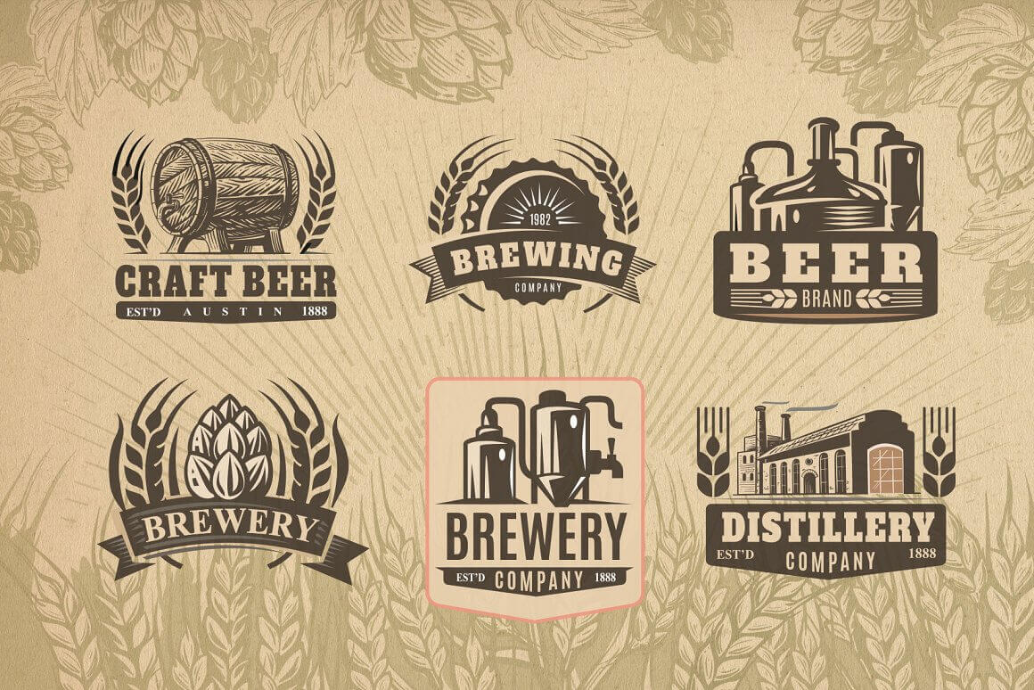 Six logos depicting beer barrels, hops and other brewing products.