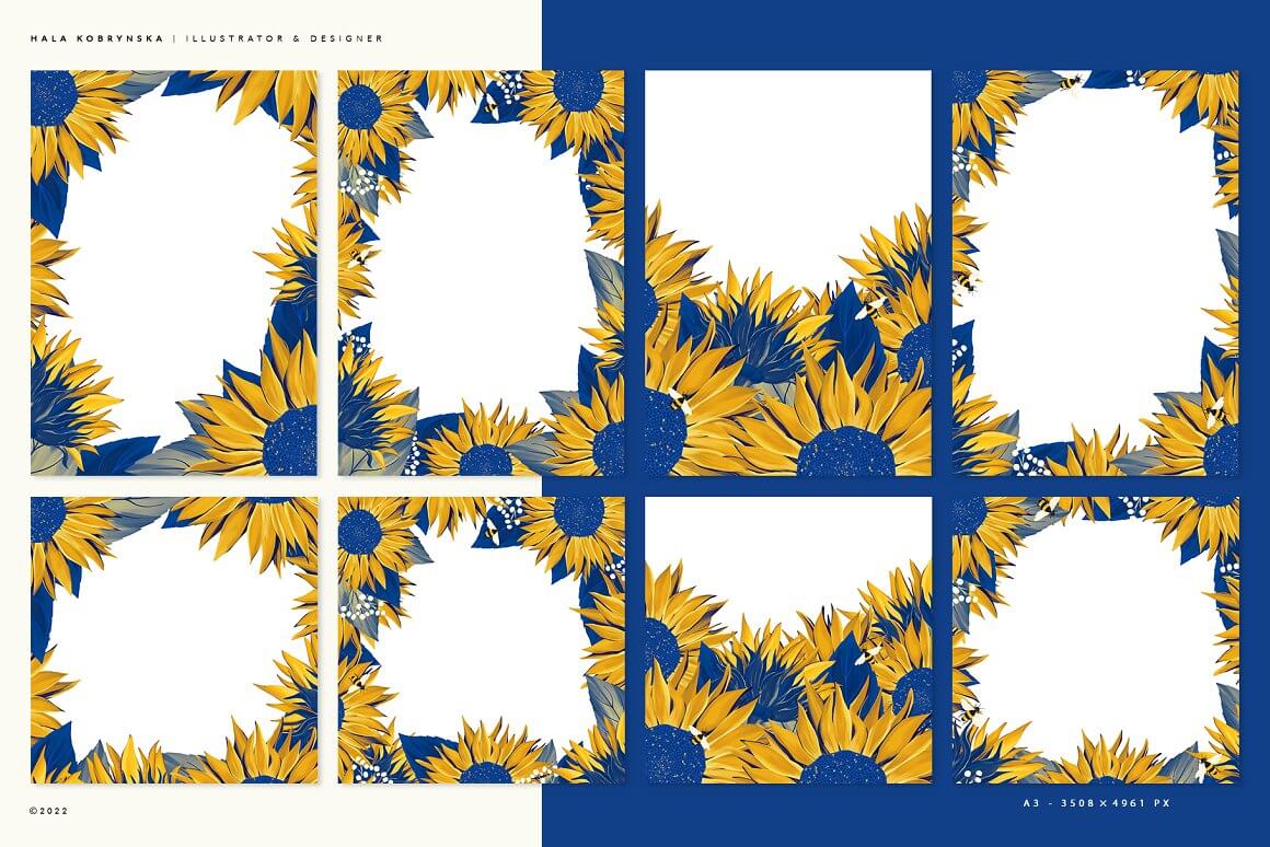 Eight frames with yellow sunflowers and a blue center.