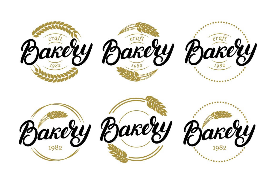 Six logos with the inscription of the bakery and a spikelet pattern in black and gold tones on a white background.