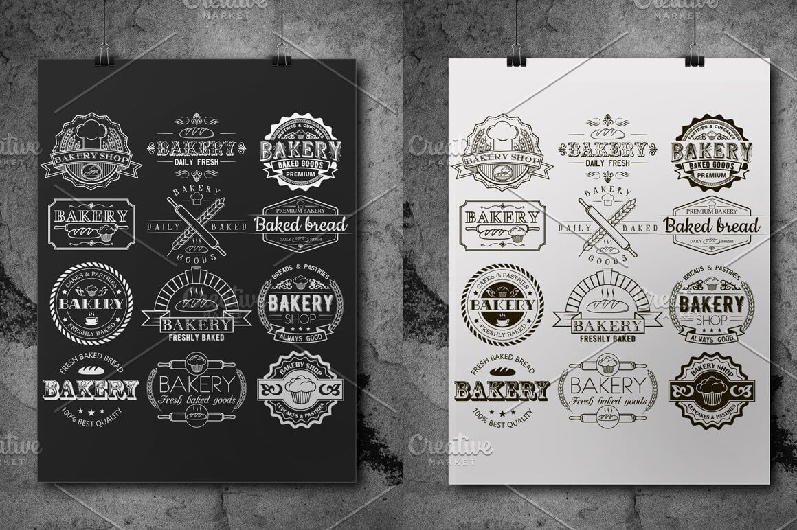 Bakery logos of different variations on black and white canvases.