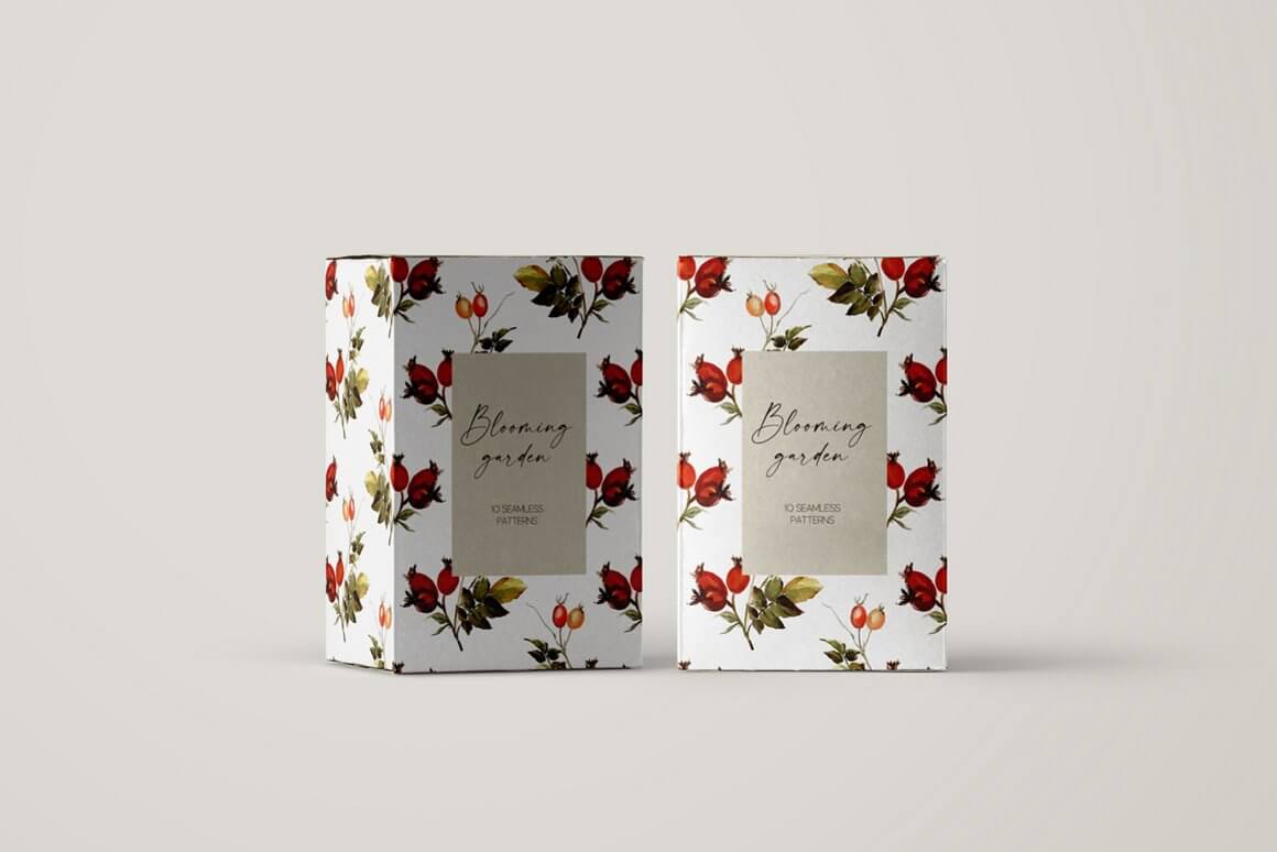 Seamless pattern with blooming gardens on two boxes.