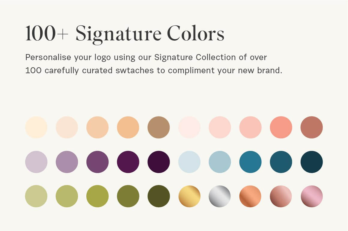 The inscriptions "100+ Signature Colors, Personalize your logo using our Signature Collection of over 100 carefully curated swtaches to compliment your new brand" with an example palette.
