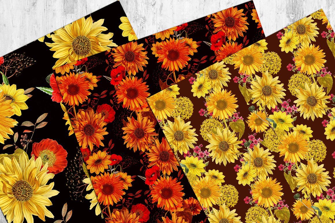 Three samples with black and brown backgrounds with yellow, orange and red wildflowers.