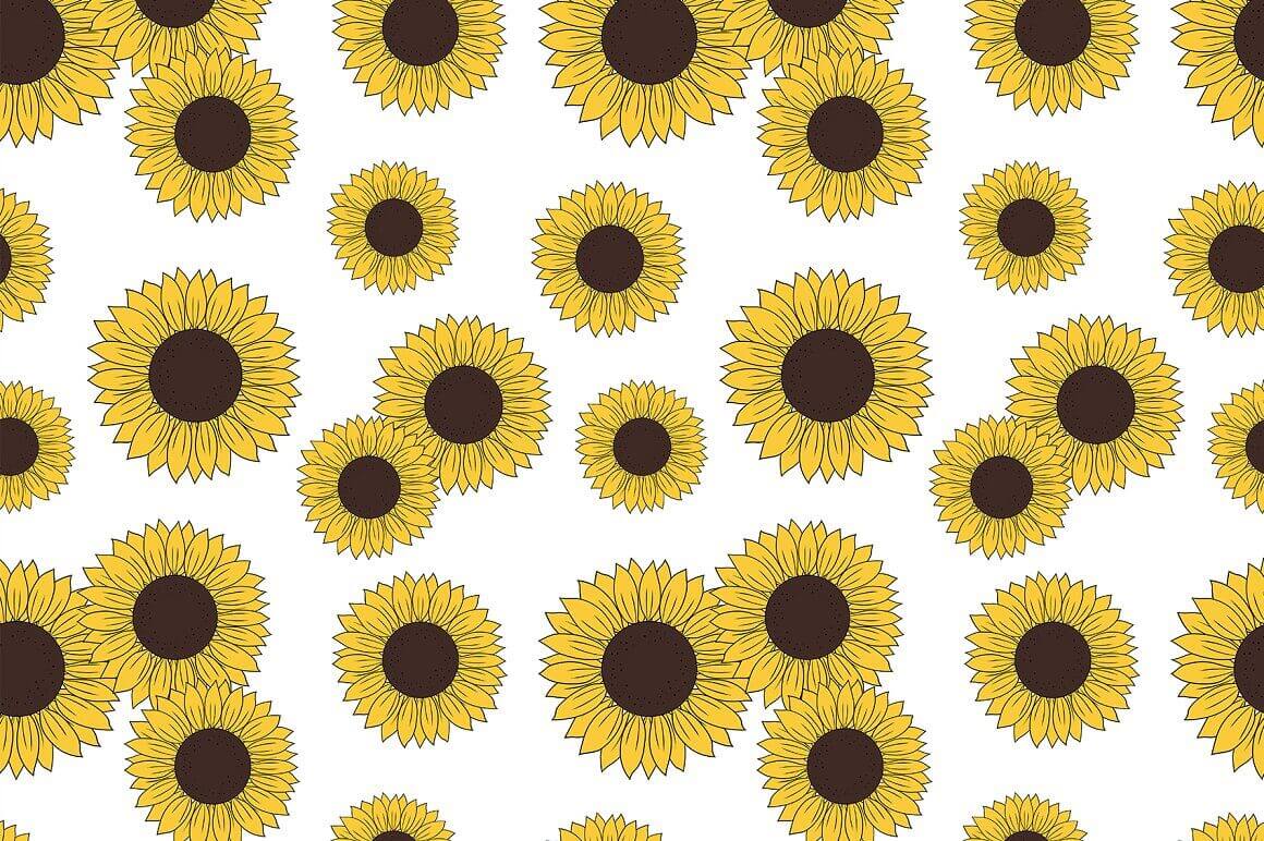 Seamless pattern with yellow-black sunflowers on a white background in a chaotic pattern.