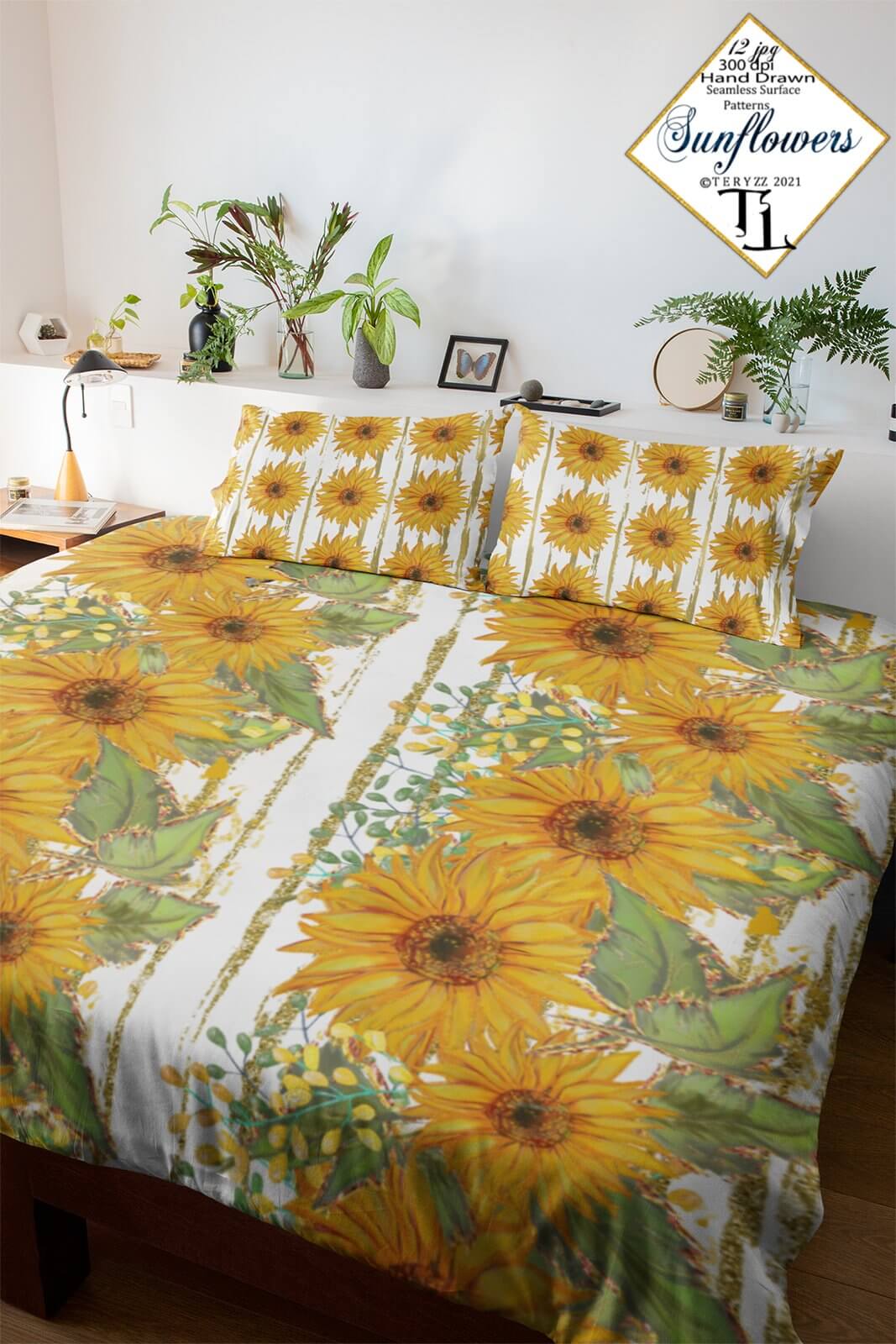 Bedding sets with seamless patterns with sunflowers on beige tones.