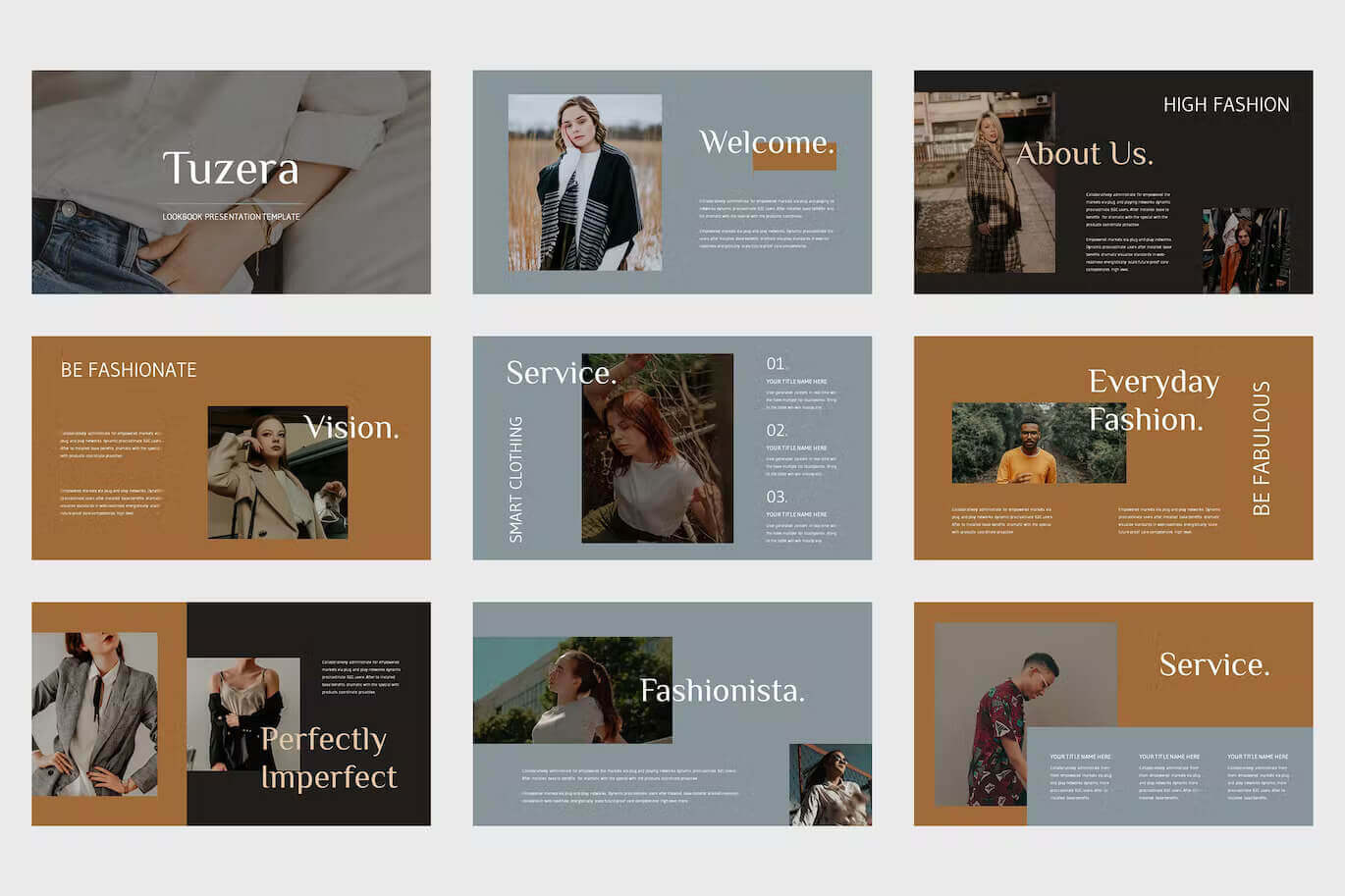Nine slides about Tuzera template on the grey and orange backgrounds.