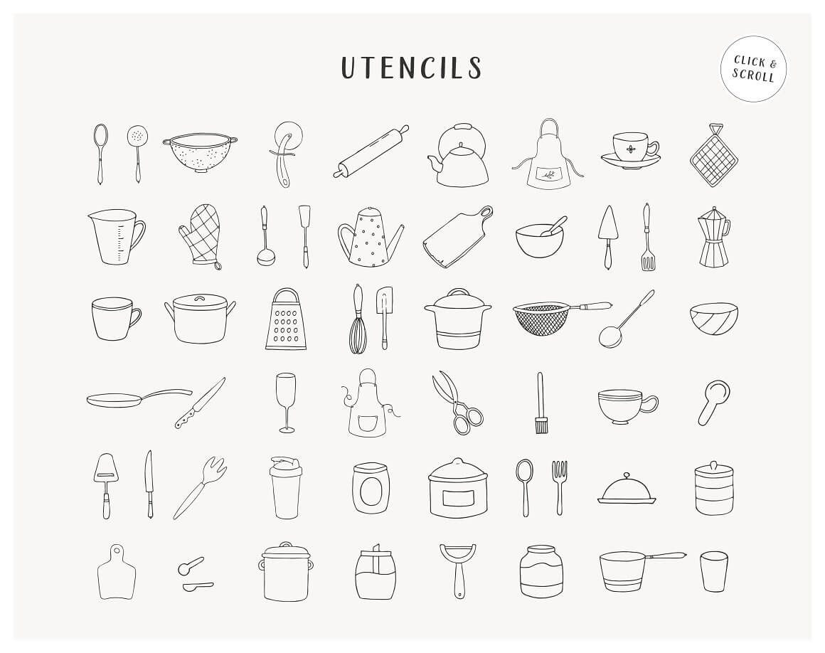 Many illustrations of utencils on the white background.