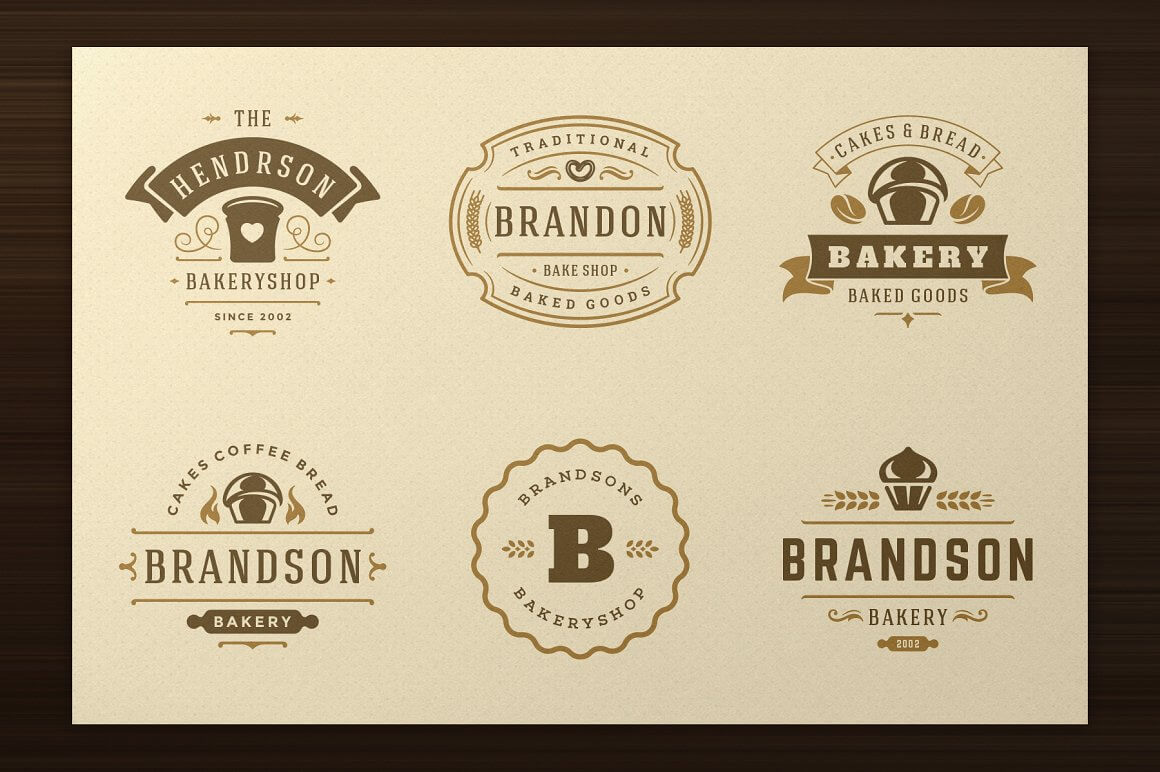 Six olive brown Hendrson, Brandon, Bakery brand logos on yellow sheet.