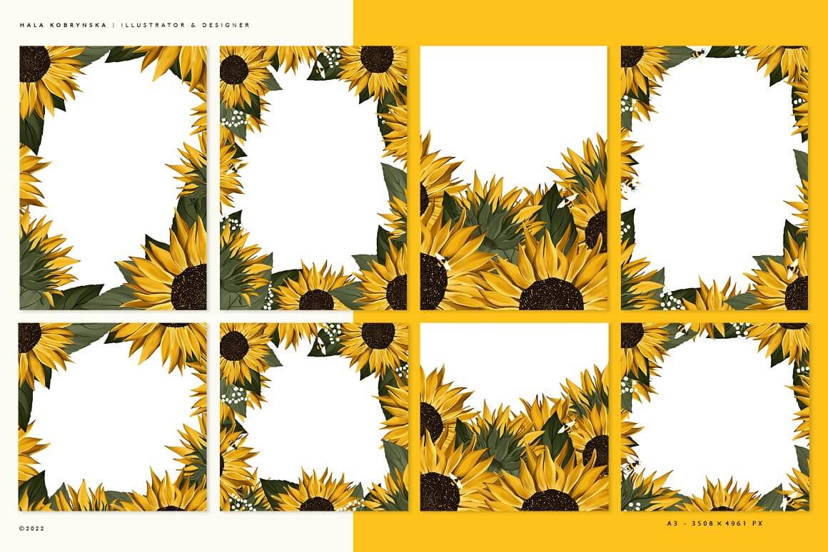 Frames with sunflowers on white sheets of paper.