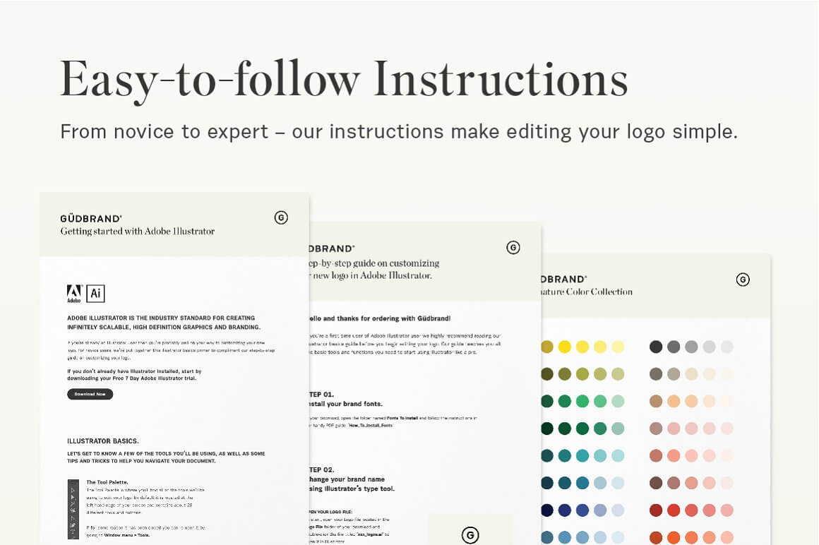 The inscriptions "Easy-to-follow Instructions, From novice to expert - our instructions make editing your logo simple".