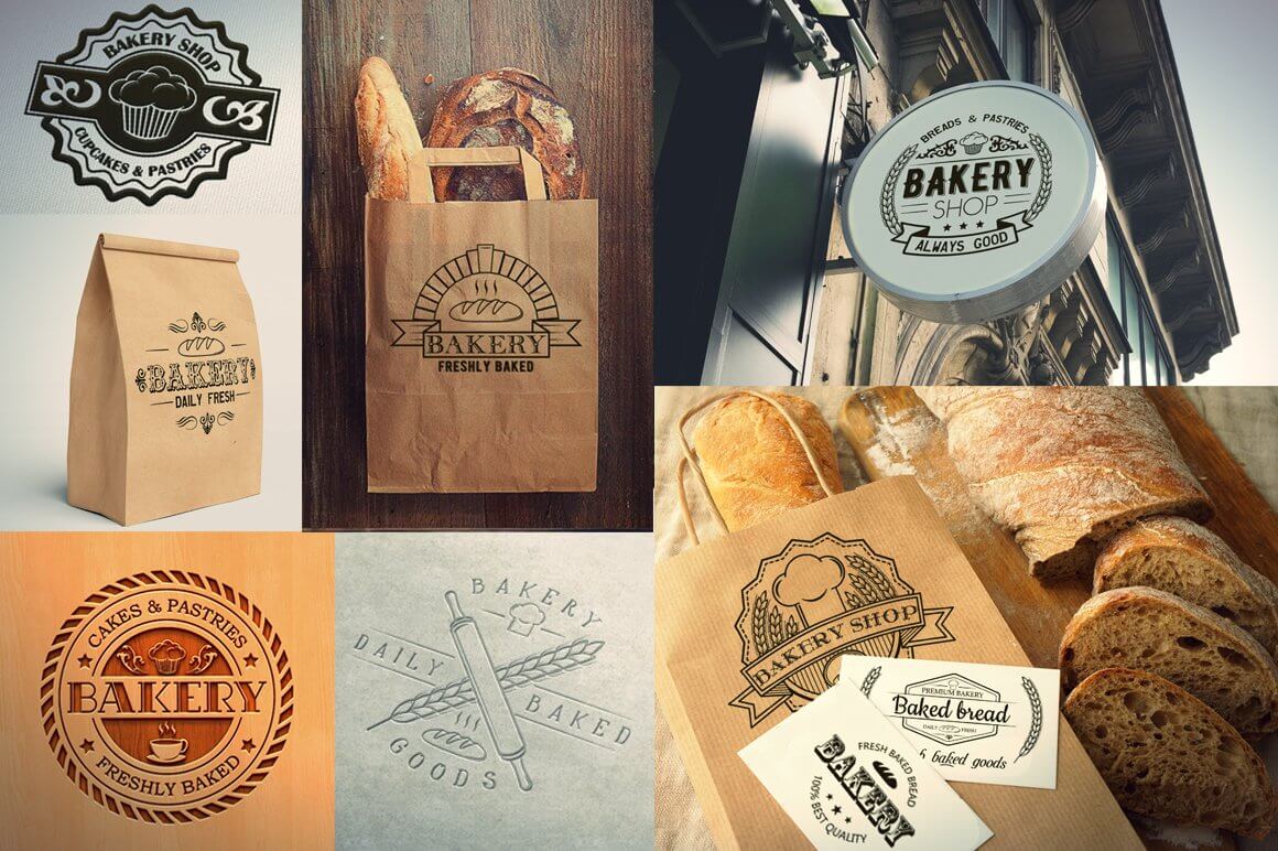 Delicious bakery logos of different variations on signboards and cardboard bags.