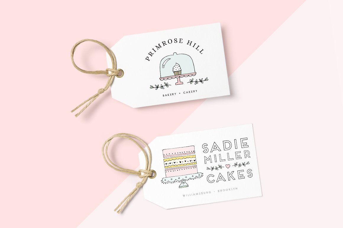 White tags "Primrose Hill" and "Sadie Miller Cakes" against a pink background.