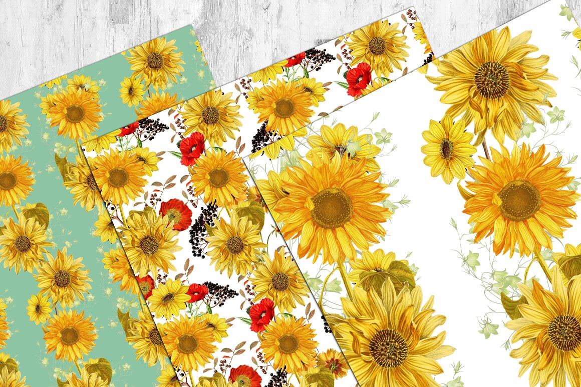 Several samples with the image of sunflowers and small flowers.