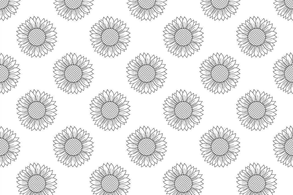 Seamless pattern with gray sunflowers on a white background in rows.