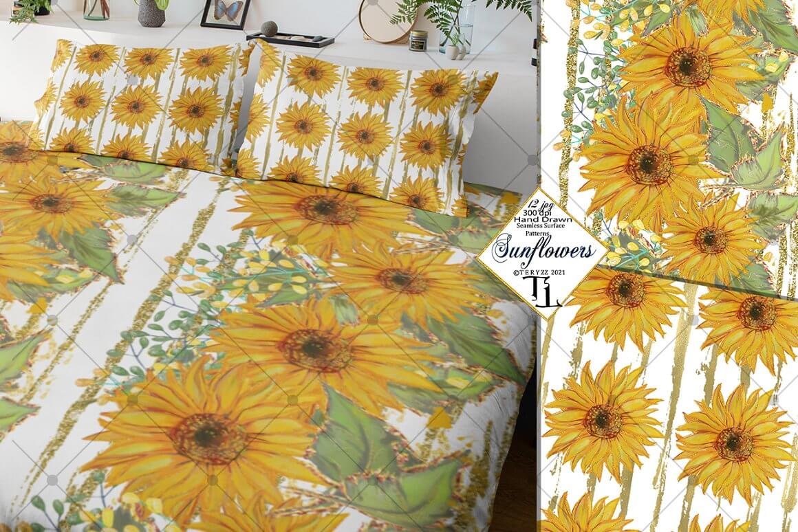 Bedding sets and patterns with seamless patterns with sunflowers on beige tones.