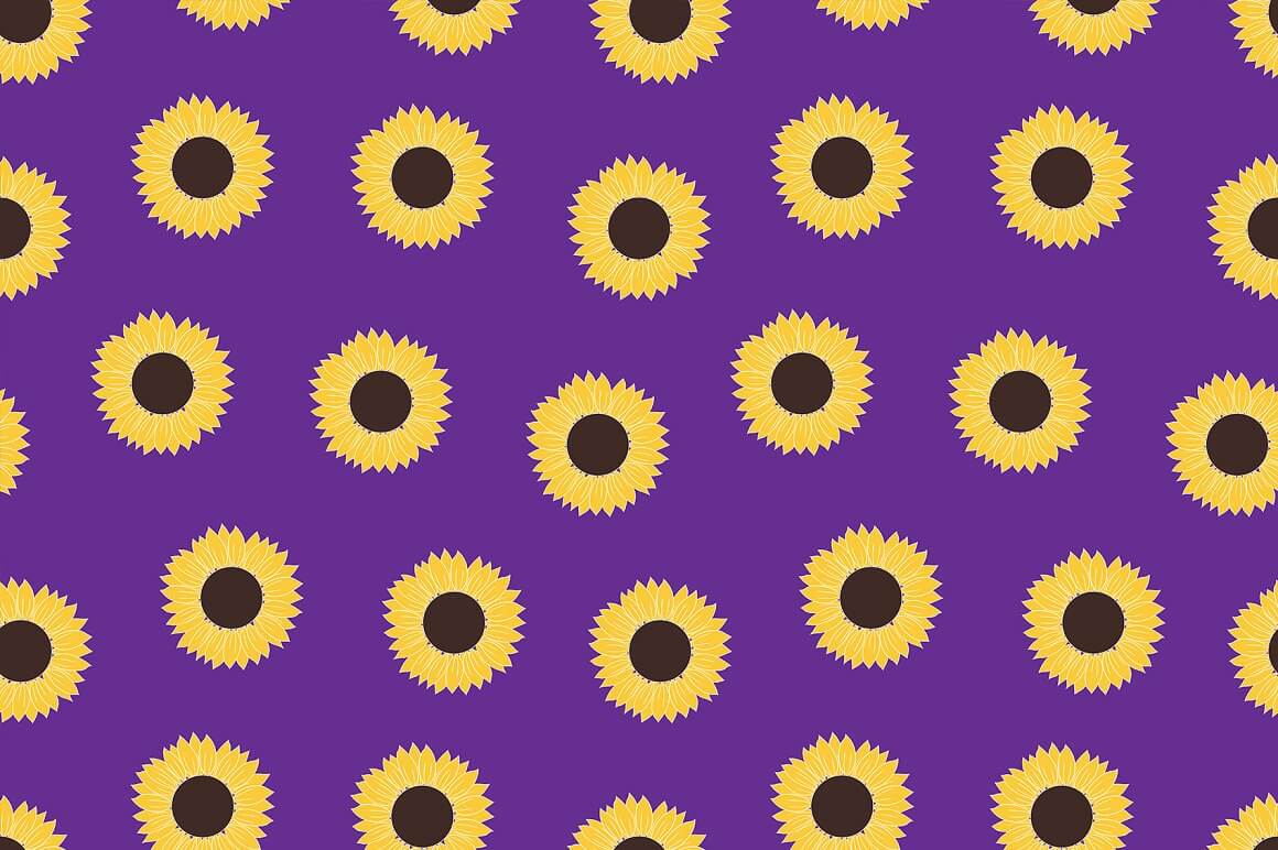 Small and big sunflowers on the violet background.