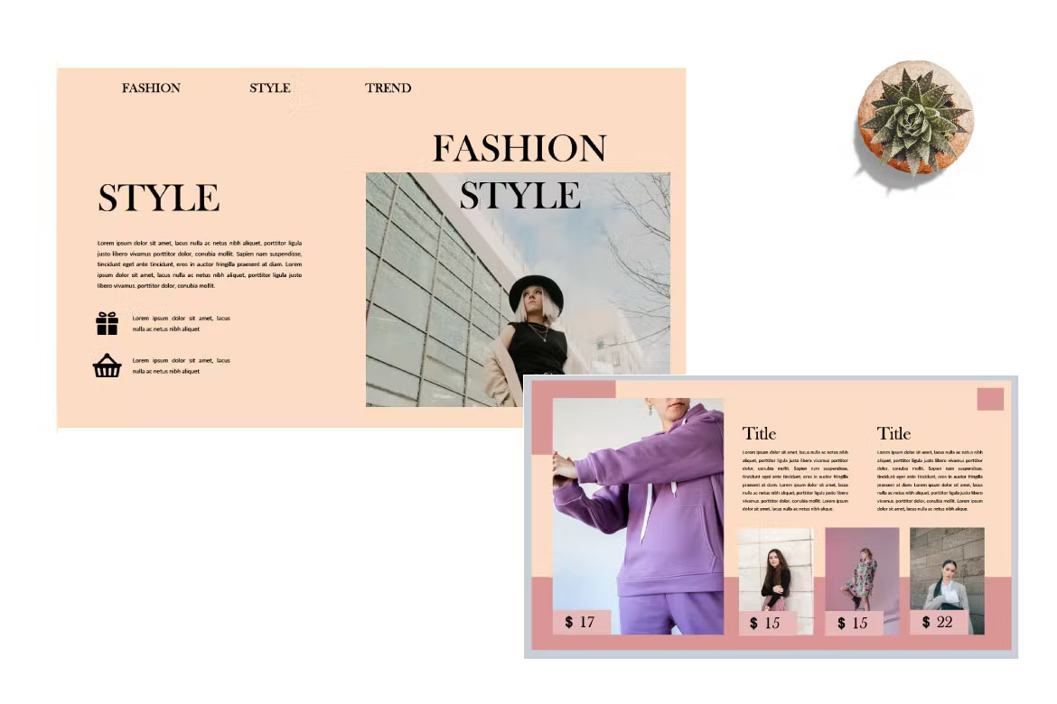 Two slides with images of fashionable clothes and prices.