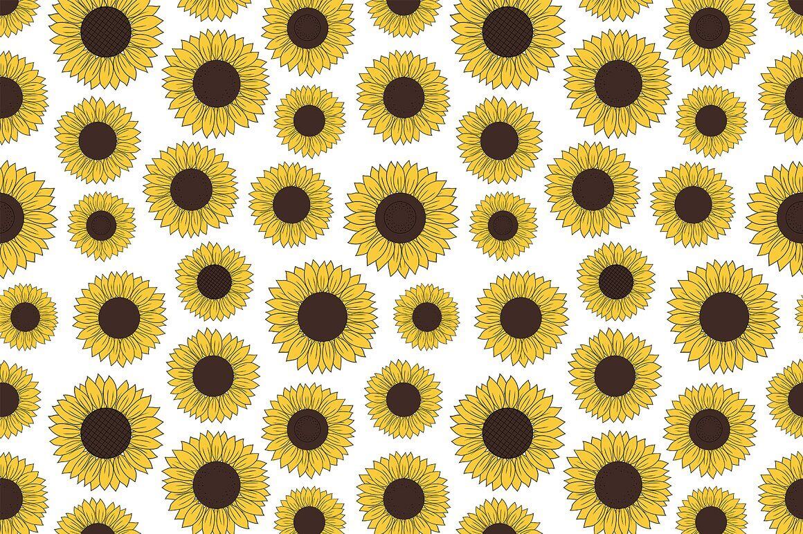 Seamless pattern with sunflowers of various sizes in yellow-black on a white background in columns.