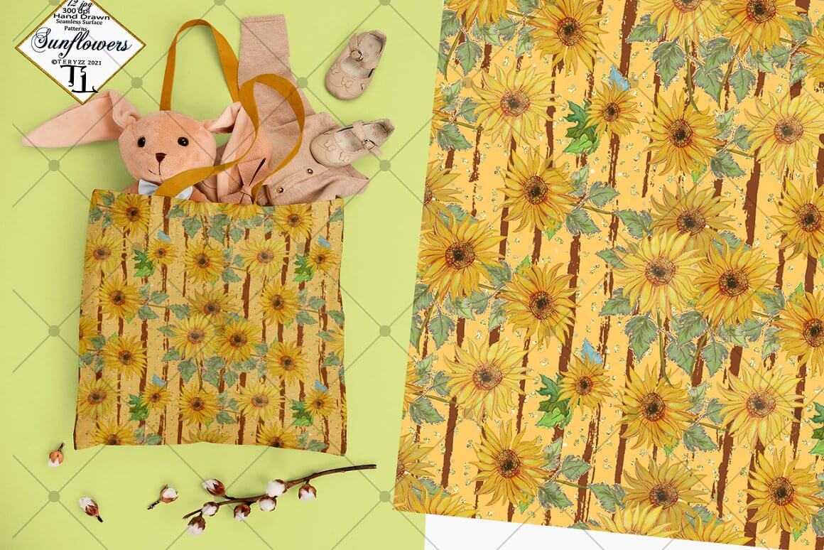 Bag and patterns with seamless patterns with sunflowers on a yellow background.