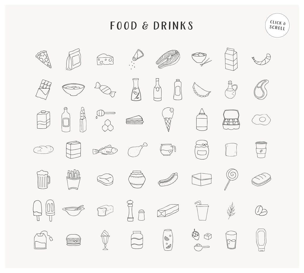 Many illustrations of food and drinks.