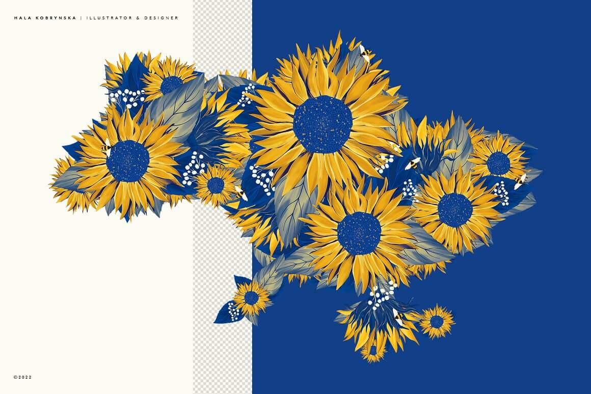 The map of Ukraine is made of sunflowers.