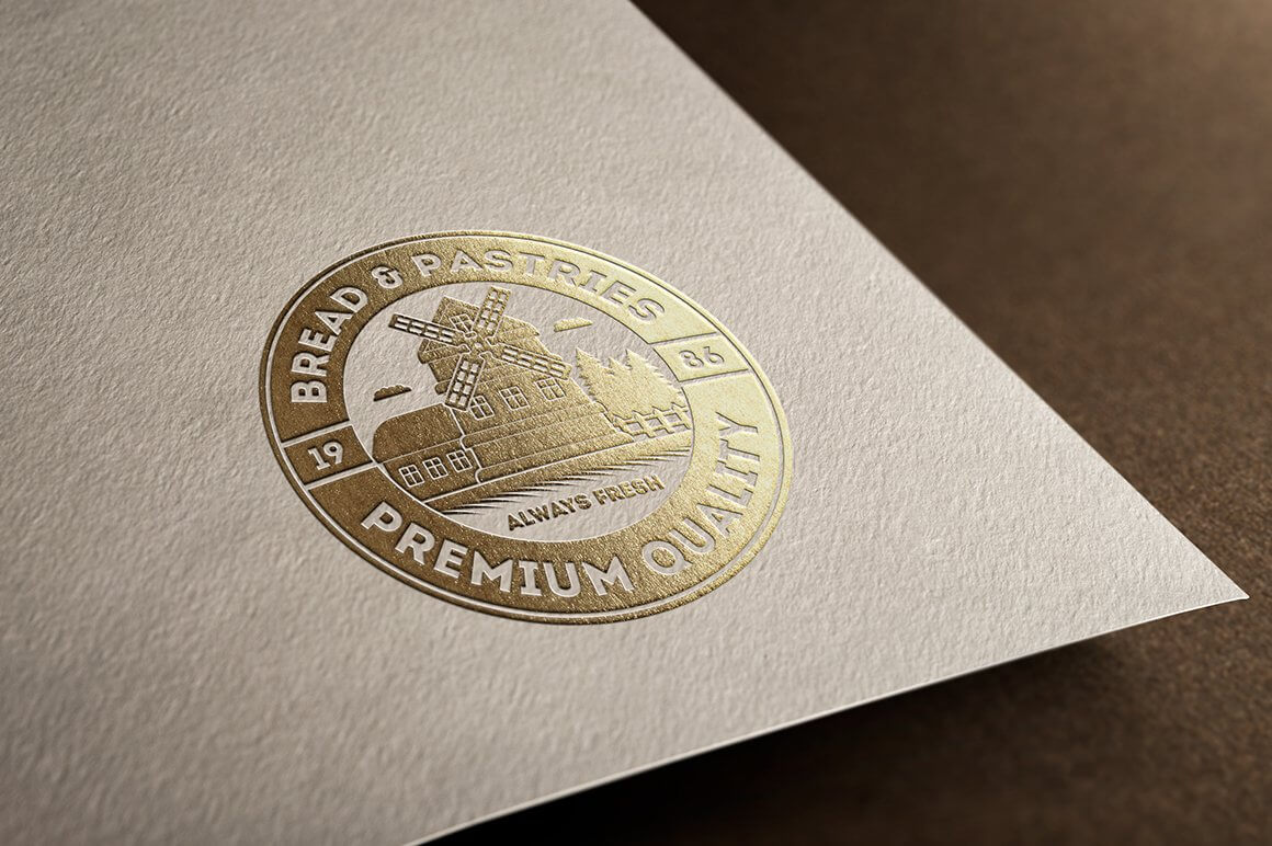 Gold logo "Bread & Pastries, Premium Quality" on white paper.