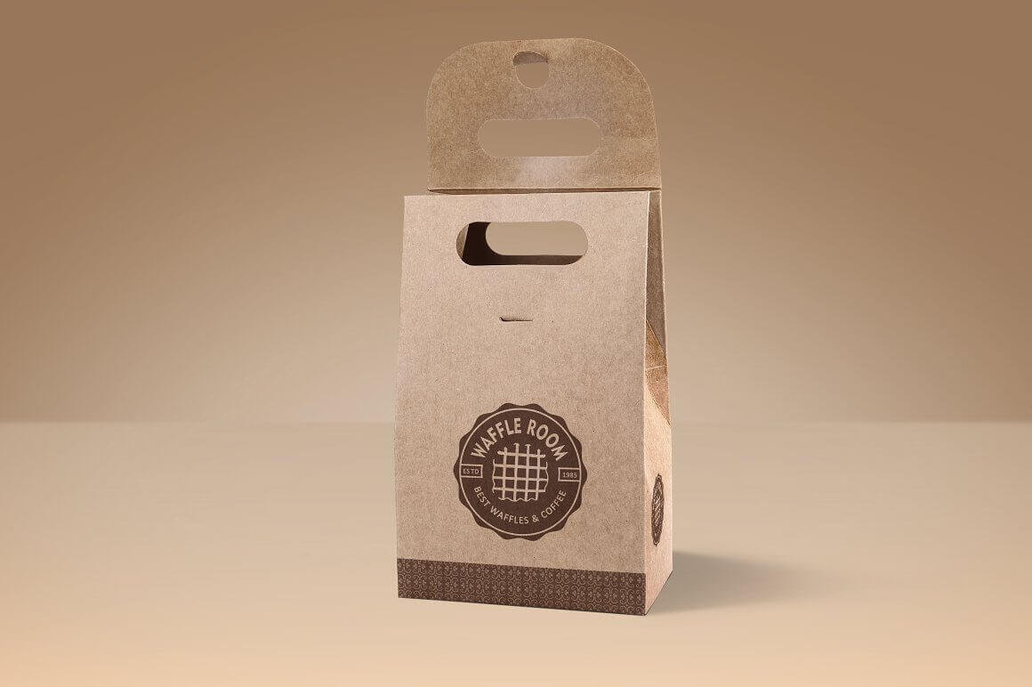 Brown package with the logo of the bakery "Waffle Room, best waffles & coffee" with fresh pastries on a brown background.
