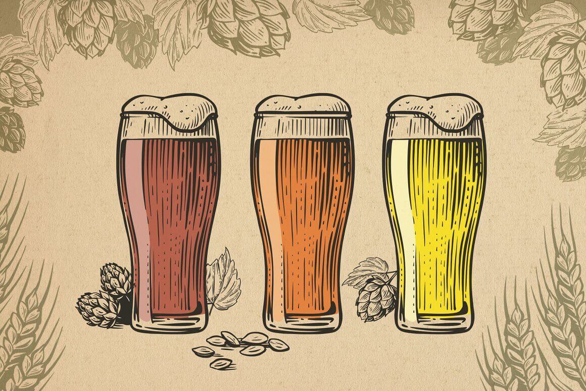 Glasses with beer in red, orange and yellow colors.