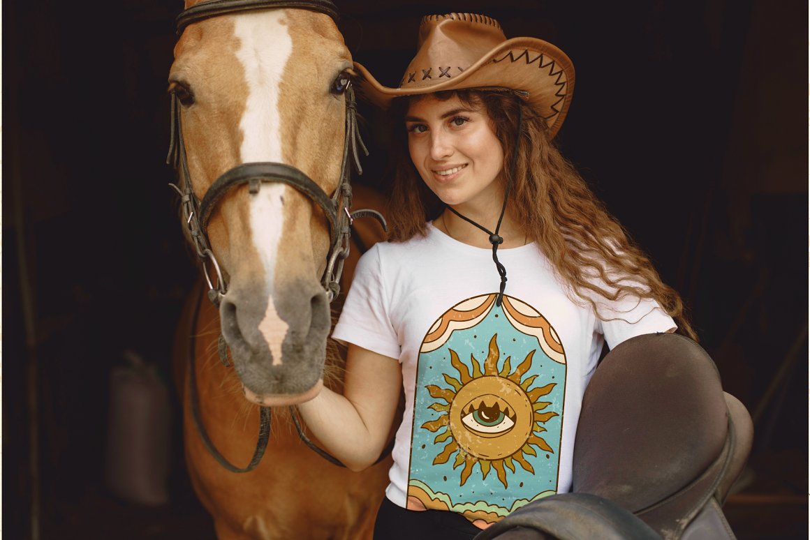 A girl in a hat near a horse.