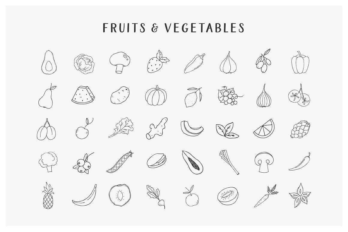 Illustrations of fruits and vegetables.