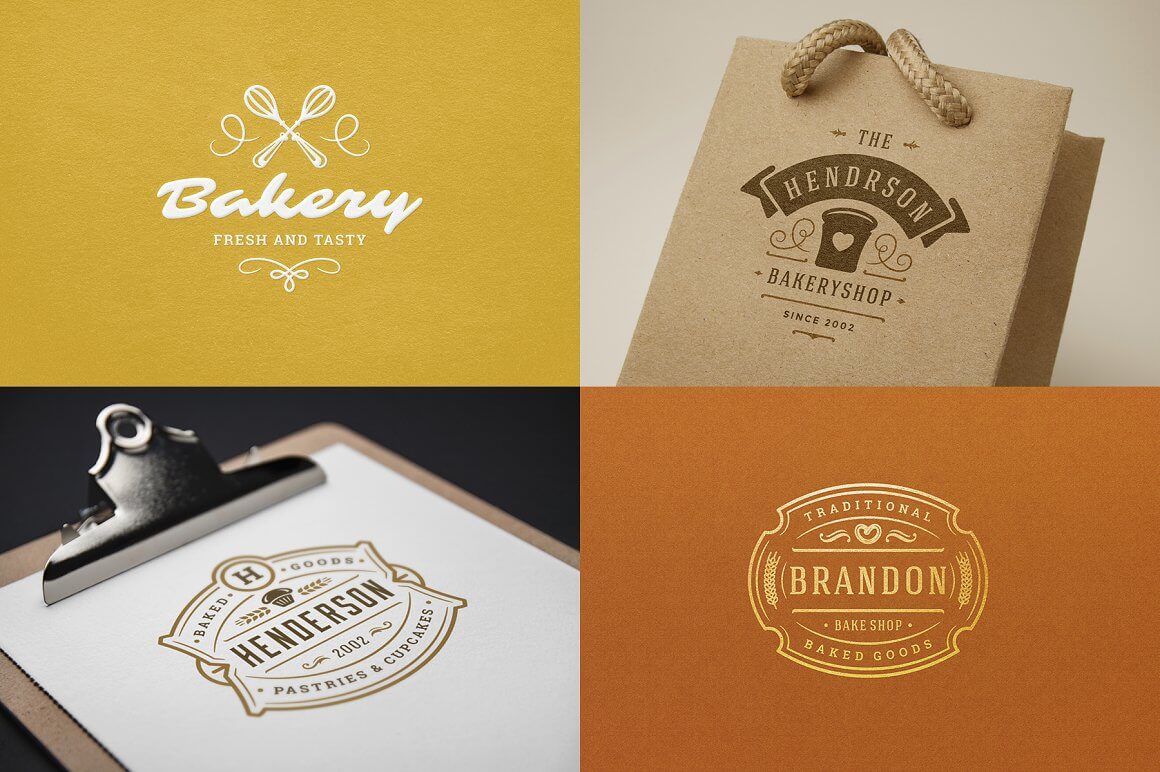 Two logos of Bakery and Brandon on a yellow and orange background and a branded cardboard bag and a tablet with a sheet.