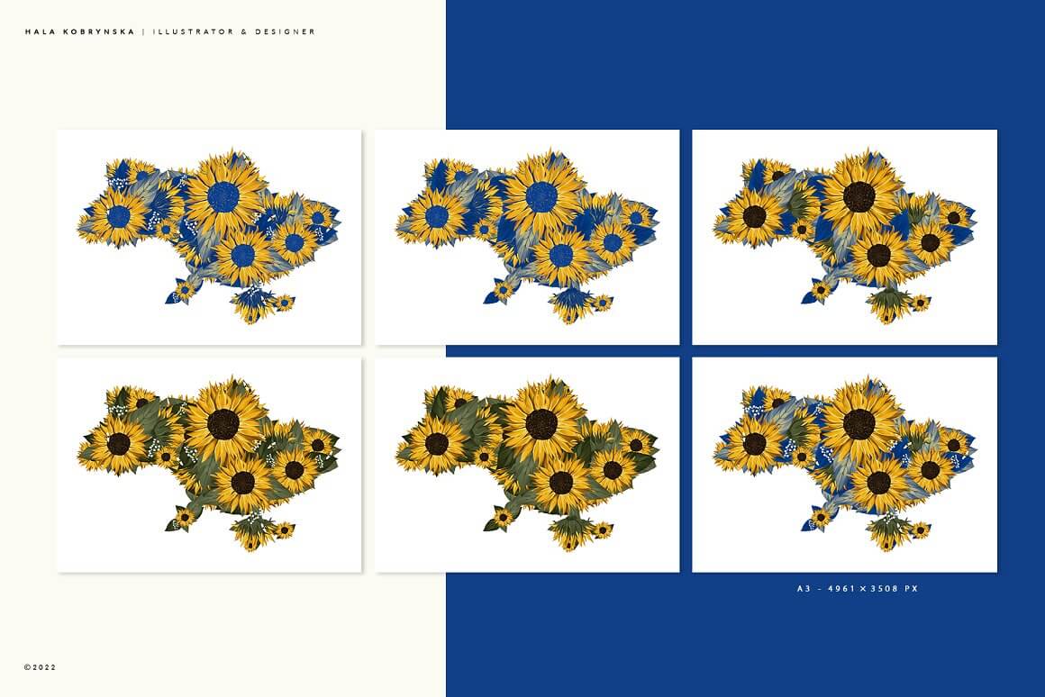 Six maps of Ukraine are decorated with sunflowers.