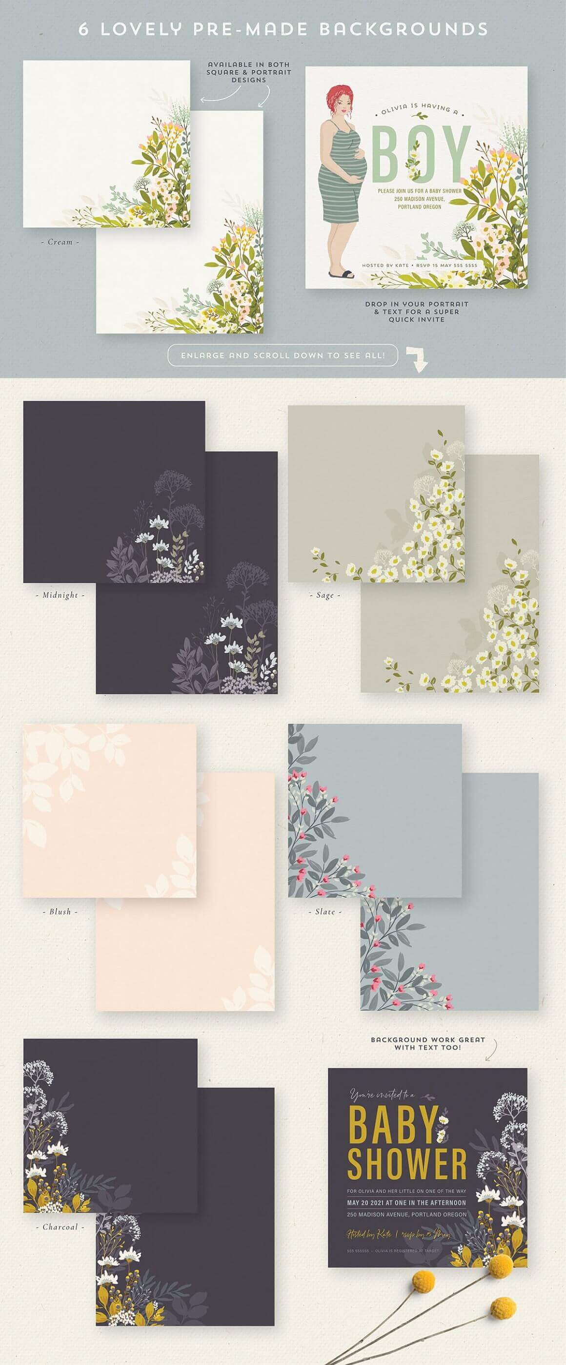 Few backgrounds: blush, slate, midnight and sage.