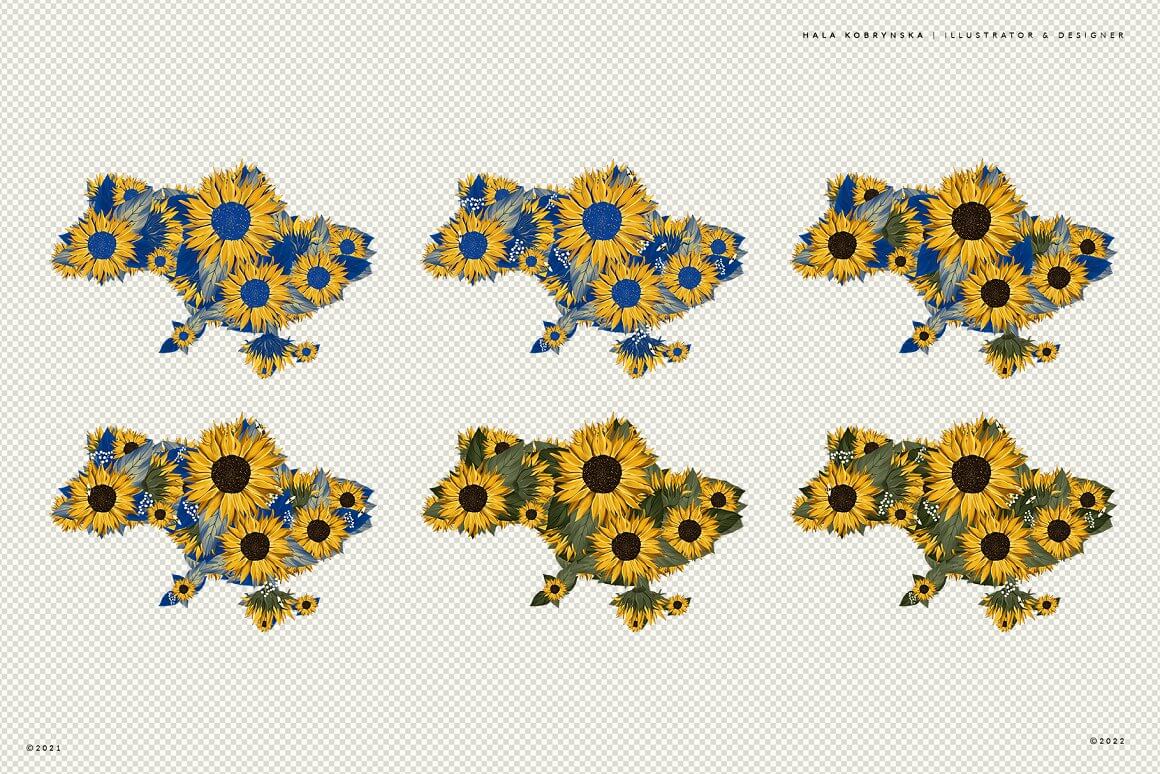 Six maps of Ukraine are decorated with sunflowers on a transparent background.