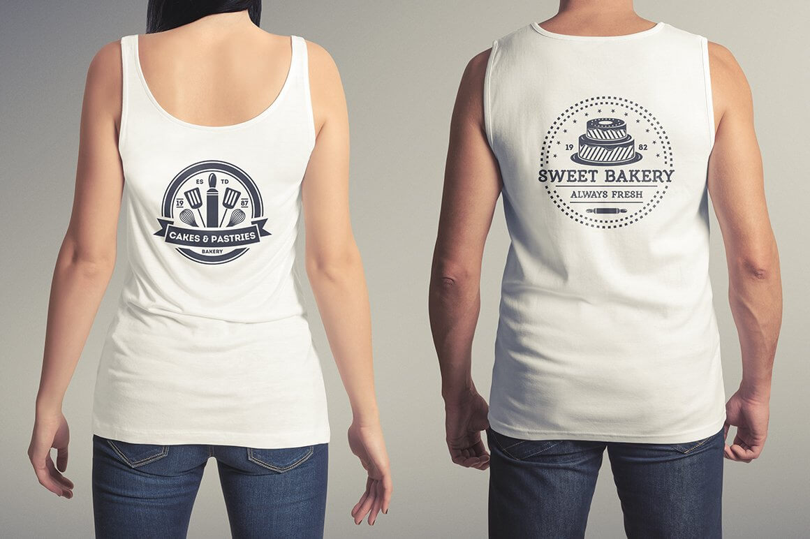 "Cakes & Pastries" and "Sweet Bakery" logos on women's and men's T-shirts.