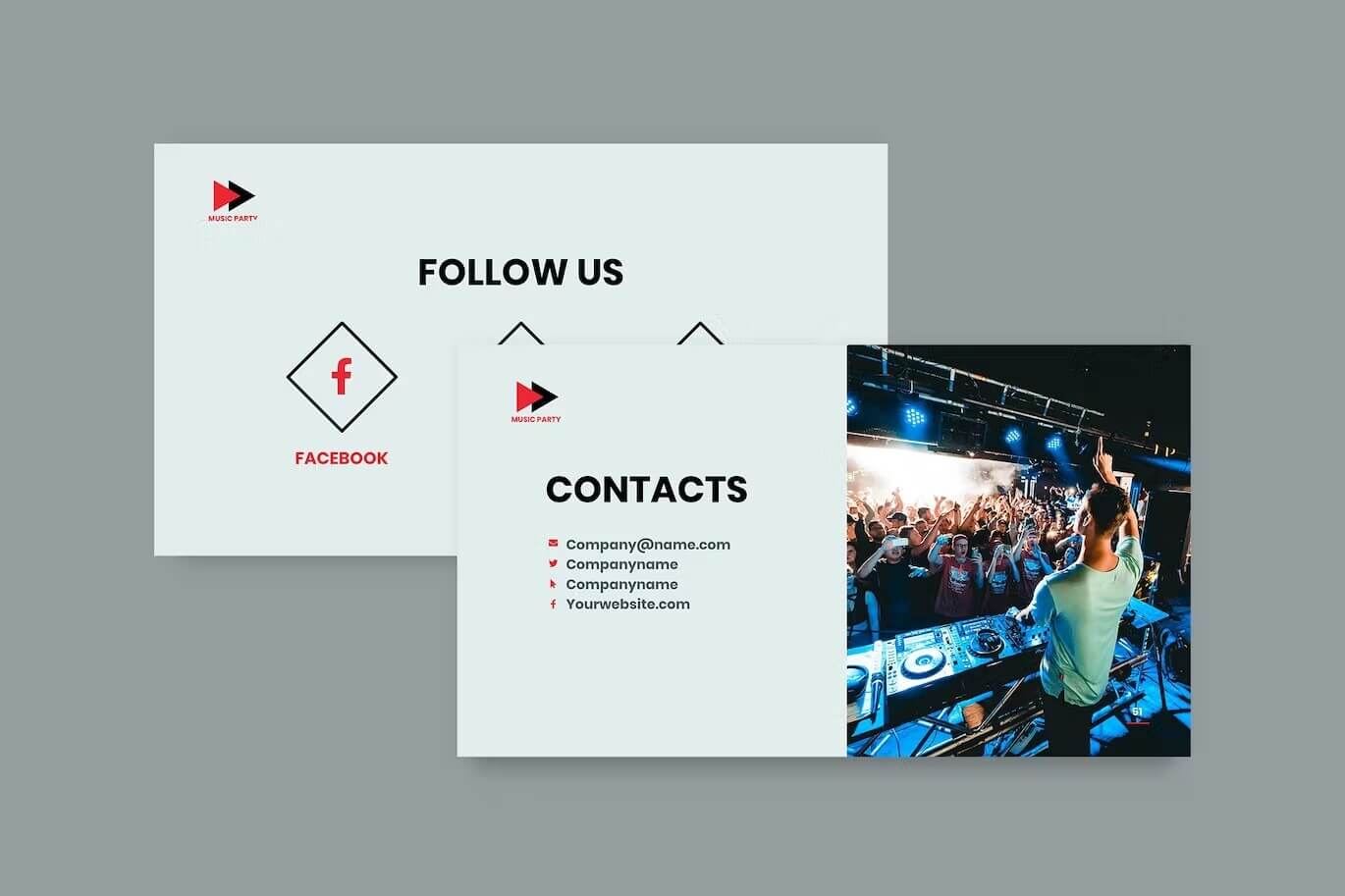 Two slides with titles "Follow us" and "Contacts".