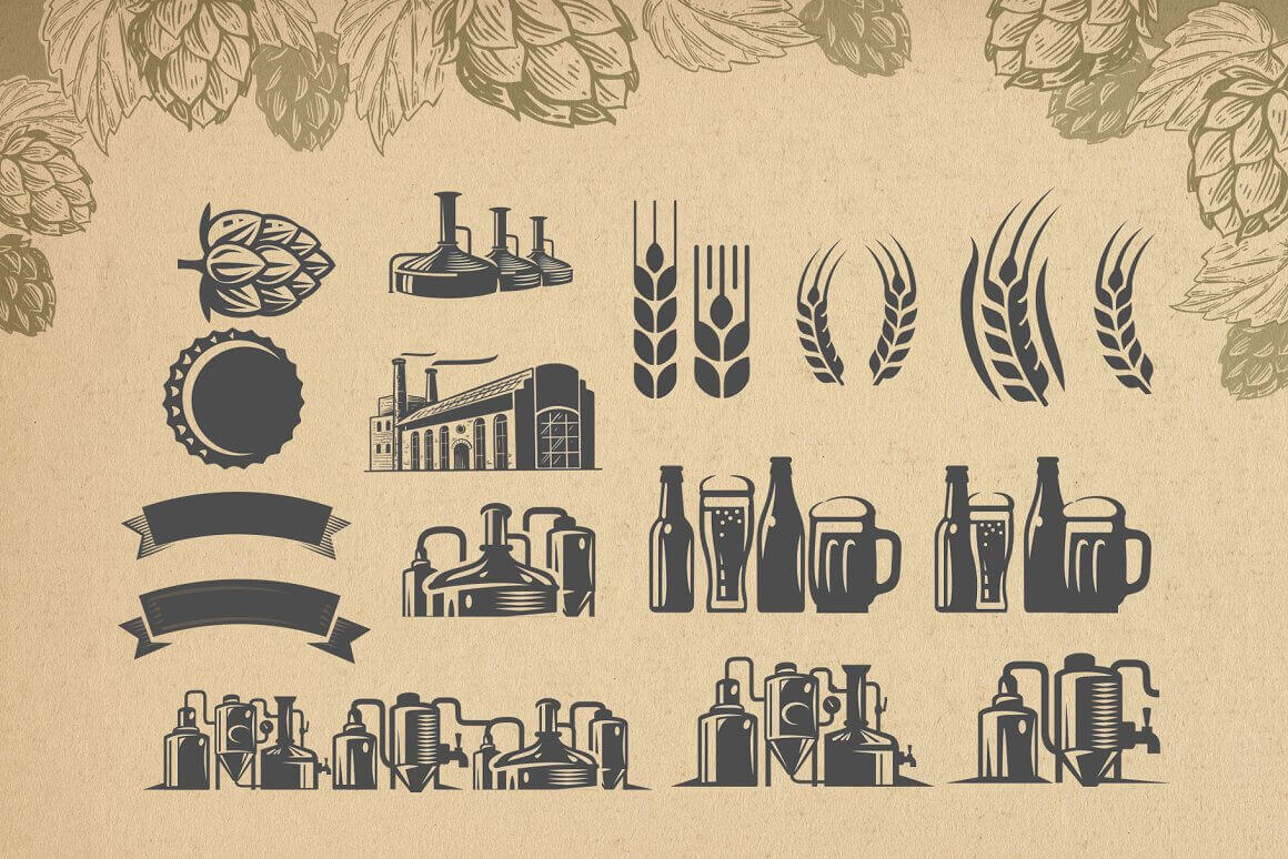 Composition image with beer, ears of corn and hops in vintage style.