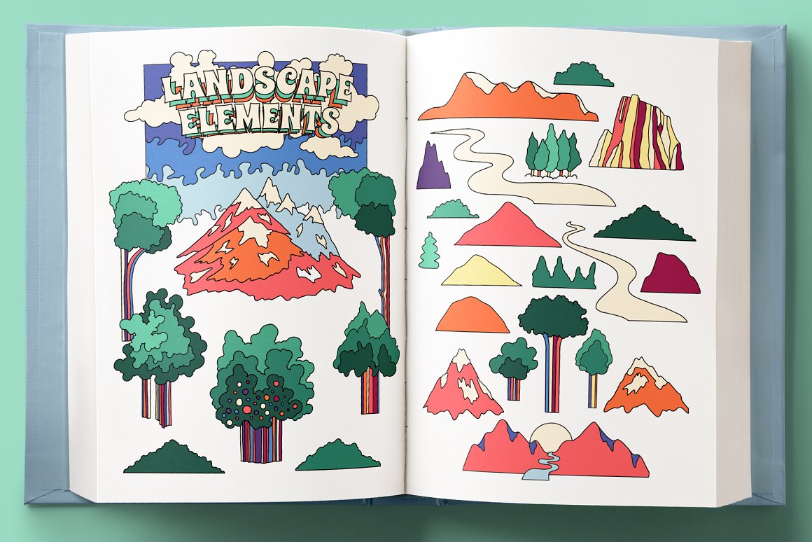 Drawings of trees and mountains.