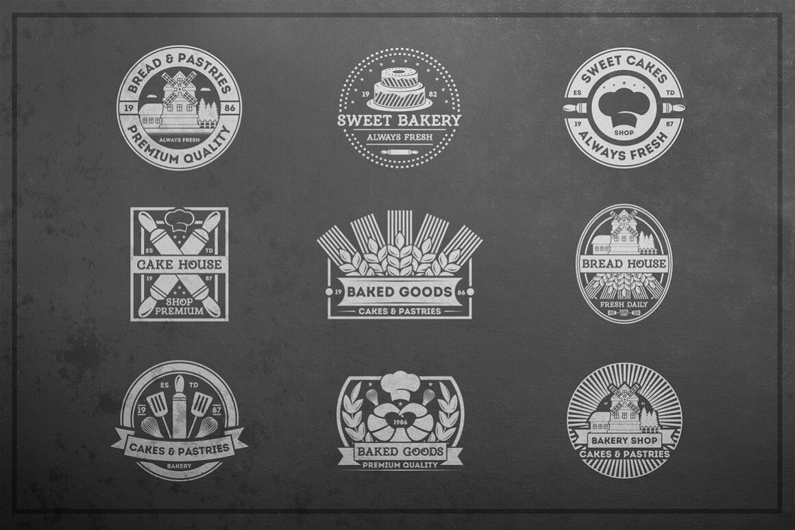 9 "Bakery" logos on a gray background with a frame.