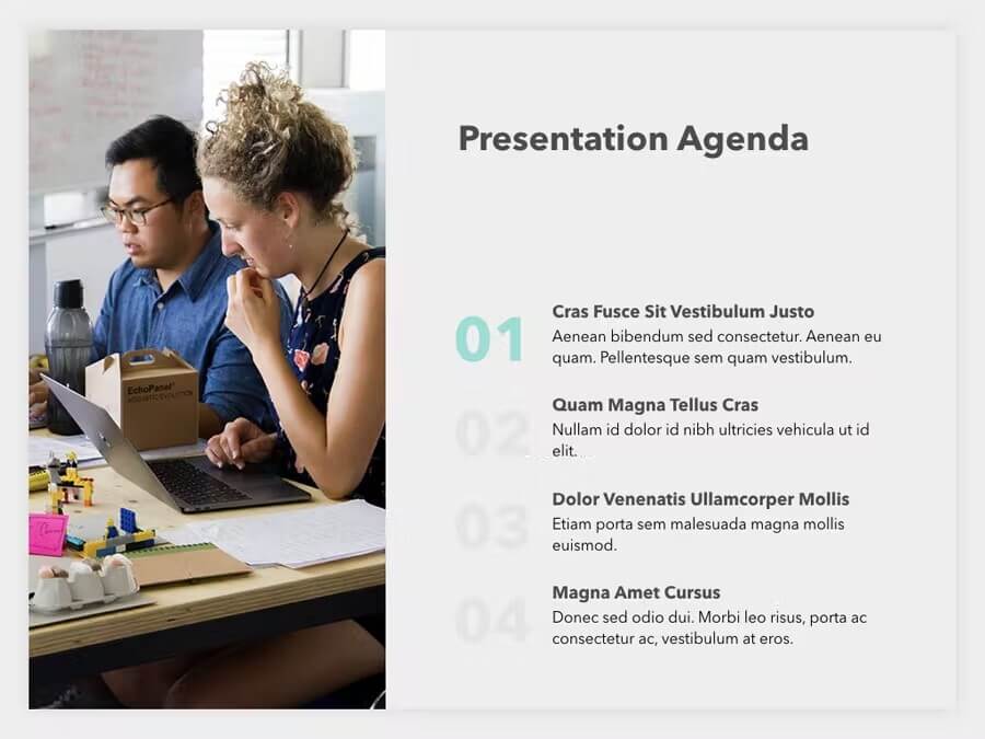 Presentation Agenda of Four categories of Sales Pitch PowerPoint Template.